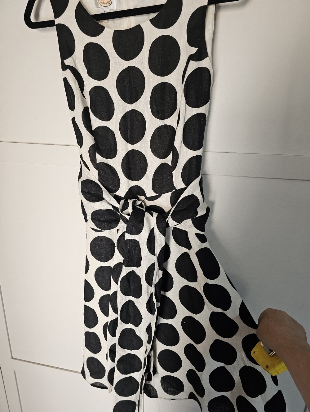 Talbots Size 8 Linen Dress Ivory Black Polka Dot Sleeveless Lined Tie Waist